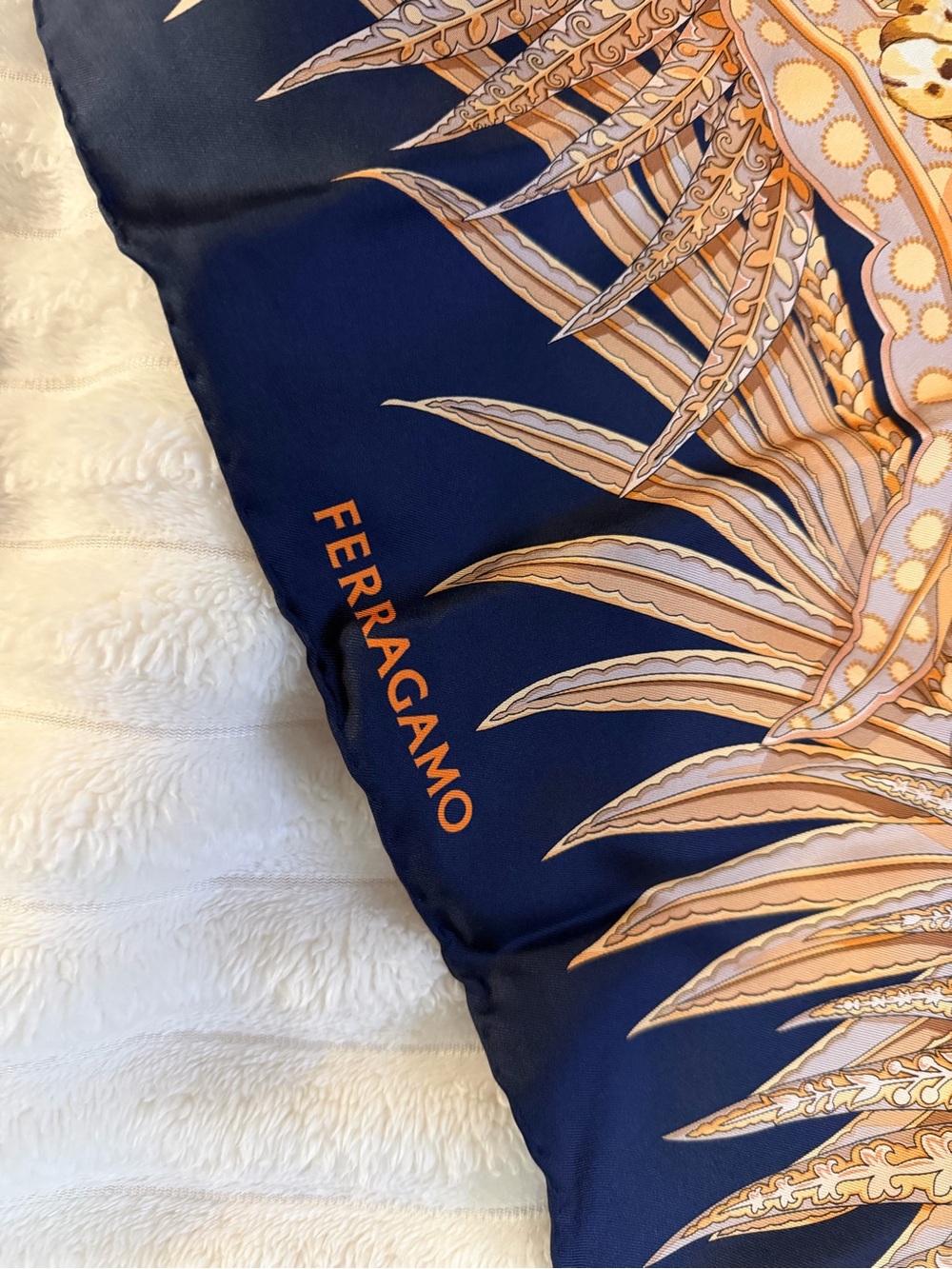 Salvatore Ferragamo Navy and Gold Printed Silk Scarf - Picture 3 of 9